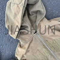 Distressed Acid Wash French Terry Zip Hoodie Embroidery Patch