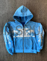 Vintage Wash Distressed Digital Print French Terry Zip-Up Hoodie