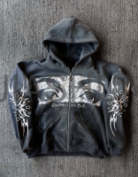 Vintage Wash Distressed Digital Print French Terry Zip-Up Hoodie