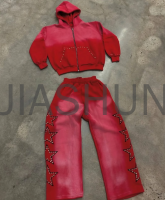 Sun Faded Acid Wash Rhinestone Zip-Up Hoodie & Sweatpants Set