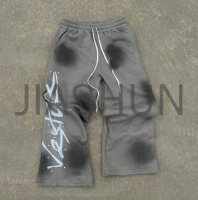 Black Dirty Acid Sunfade Pleated Front Flare Cotton Terry Pants
