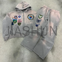 Acid Wash Zip-Up Hoodie Set with Distressed Embroidery Patch