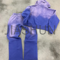 Acid Wash Zip-Up Hoodie Set with Distressed Embroidery Patch