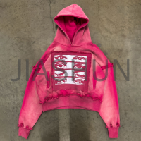 Acid Wash Sun Faded Distressed Hoodie with Embroidery Applique