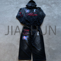 Sun Faded Terry Zip Up Straight Leg Tracksuit Set with Embroidery