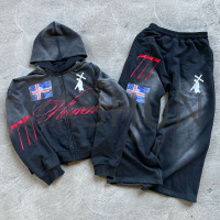 Sun Faded Terry Zip Up Straight Leg Tracksuit Set with Embroidery