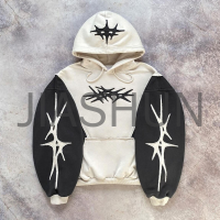 Acid Washed Distressed Color-Block Boxy Hoodie with Embroidery