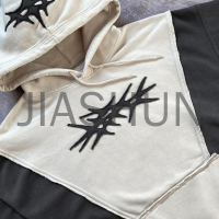 Acid Washed Distressed Color-Block Boxy Hoodie with Embroidery