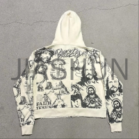 Regular Fit Retro Full All Print Distressed Zip-Up Hoodie
