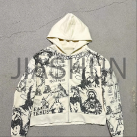 Regular Fit Retro Full All Print Distressed Zip-Up Hoodie