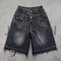 Fade Black Acid Wash High Double Waist Denim Shorts