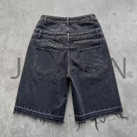 Fade Black Acid Wash High Double Waist Denim Shorts