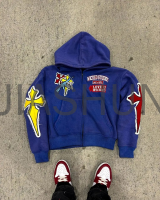 Acid Wash Distressed Zip-Up Hoodie with Embroidery