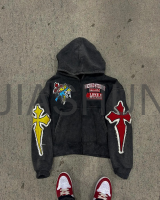 Acid Wash Distressed Zip-Up Hoodie with Embroidery