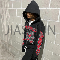 French Terry Distressed Acid Wash Hoodie with DTG Print