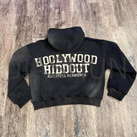 Acid Wash Distressed Boxy Pullover Hoodie with Embroidery Applique