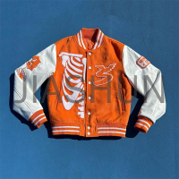 Ribbed Wool Blend Varsity Jacket with Leather Sleeves