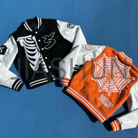 Ribbed Wool Blend Varsity Jacket with Leather Sleeves