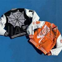 Ribbed Wool Blend Varsity Jacket with Leather Sleeves