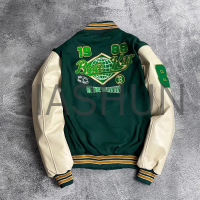 Ribbed Wool Blend and Faux Leather Varsity Jacket