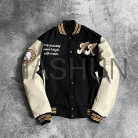 Ribbed Wool Blend and Faux Leather Varsity Jacket