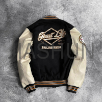 Ribbed Wool Blend and Faux Leather Varsity Jacket
