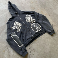 Black Acid Wash Zip-Up Hoodie with Embroidery Patch