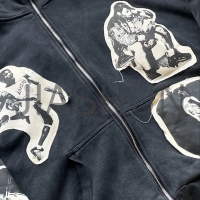 Black Acid Wash Zip-Up Hoodie with Embroidery Patch