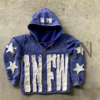 Distressed Patchwork Terry Cotton Drop Shoulder Hoodie