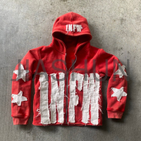 Distressed Patchwork Terry Cotton Drop Shoulder Hoodie