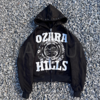 Distressed French Terry Drop Shoulder Letter Patchwork Zip-Up Hoodie
