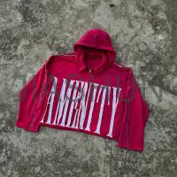 500 gsm Vintage Distressed Embroidered Patch Cropped Zip-Up Hoodie