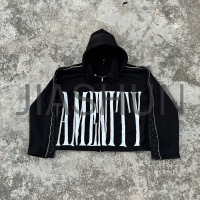 500 gsm Vintage Distressed Embroidered Patch Cropped Zip-Up Hoodie