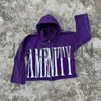 500 gsm Vintage Distressed Embroidered Patch Cropped Zip-Up Hoodie