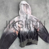 Vintage Sun-Faded Acid Wash Distressed Full Zip Denim Hoodie