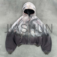 Vintage Sun-Faded Acid Wash Distressed Full Zip Denim Hoodie