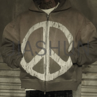 Acid Wash Stone Wash Distressed Logo Print Crop Zip-Up Hoodie