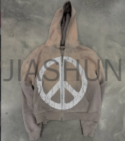 Acid Wash Stone Wash Distressed Logo Print Crop Zip-Up Hoodie