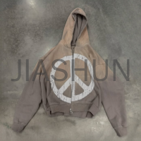 Acid Wash Stone Wash Distressed Logo Print Crop Zip-Up Hoodie