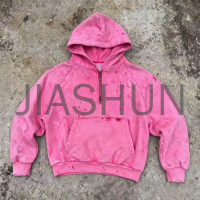 Acid Wash Distressed Oversized Sun-Faded Zip-Up Hoodie