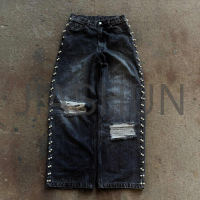 Vintage Washed Black Distressed Ripped Straight Jeans