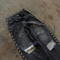 Vintage Washed Black Distressed Ripped Straight Jeans