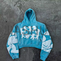 French Terry Oversized Boxy Cropped Hoodie with 3D Puff Print