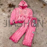 Distressed Washed Heavy Cotton Embroidered Tracksuit Set