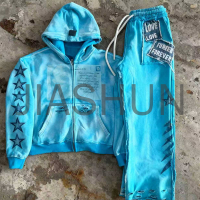 Distressed Washed Heavy Cotton Embroidered Tracksuit Set