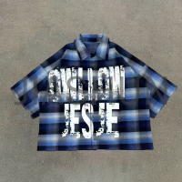 Boxy Retro Plaid Striped Polo Shirt with Screen Print
