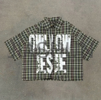 Boxy Retro Plaid Striped Polo Shirt with Screen Print
