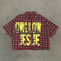 Boxy Retro Plaid Striped Polo Shirt with Screen Print