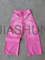 Distress Wash Faded Loose Baggy Denim Pants with Rhinestone