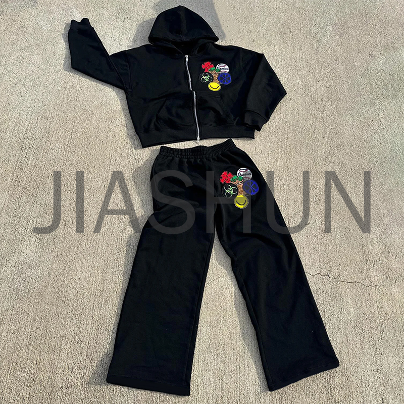 Vintage French Terry Zip-Up Hoodie and Flare Sweatpants Set
